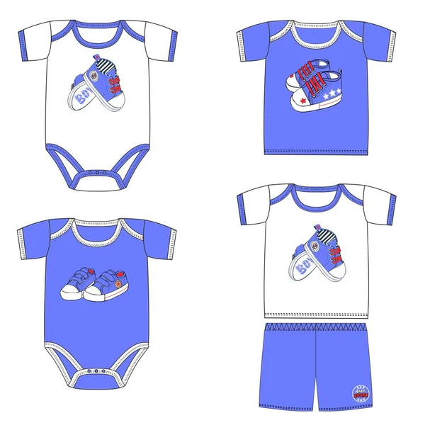 Set van mode kostuums voor baby's met prints met sportschoenen voor jongens. — Stockvector