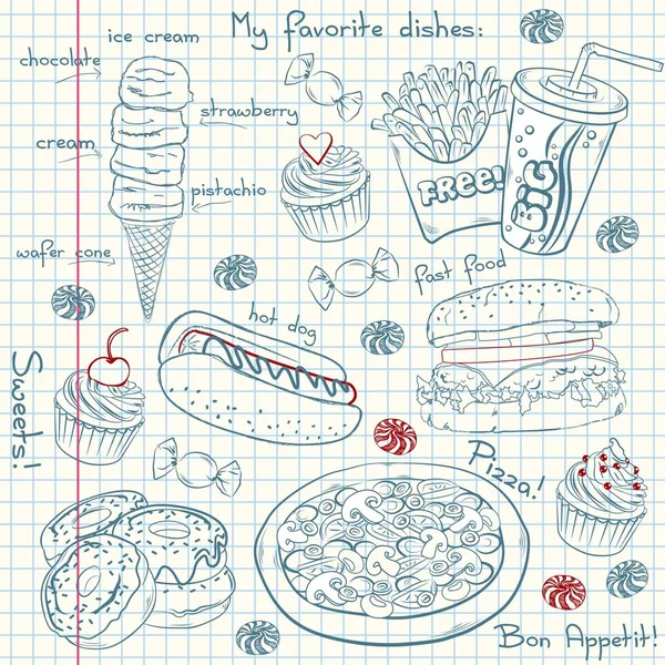 Un grande set vettoriale di fast food da disegno. Doodle icone alimentari isolatwd su un foglio di quaderno — Vettoriale Stock