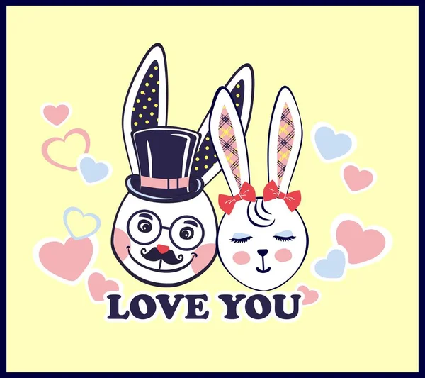 Ilustração vetorial de um par de coelhos de sexo diferente, menino e menina, apaixonados um pelo outro — Vetor de Stock