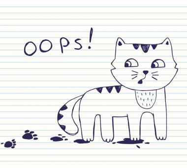 Elle çizilmiş FreeHand'in vektör çizim doodle kirli ayak izleri ile küçük yaramaz kedi.