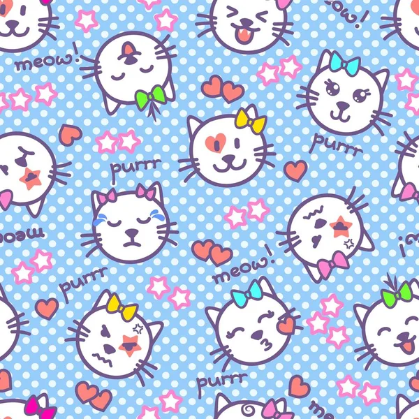 Textura sin costura vectorial con caras de gato kawaii, palabras, estrellas, corazones para niñas . — Vector de stock