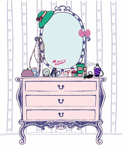 Ilustración vectorial del tocador de la señora de la sociedad con espejo de consola y muchos accesorios para mujer: cosméticos, joyas y otras cosas . — Vector de stock