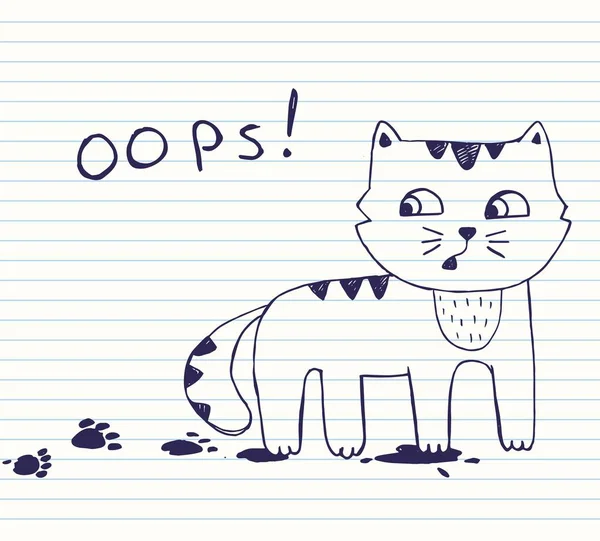 Illustration vectorielle d'un petit chat gribouillé dessiné à la main avec des empreintes de pas sales . — Image vectorielle