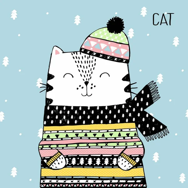 Vektor-Skizze Originalillustration der niedlichen weißen Winterkatze in Strickmütze und Pullover. — Stockvektor