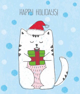 Sevimli vektör elle çizilmiş çizim ile kroki beyaz kedi Noel Baba kırmızı şapkalı ve mevcut.