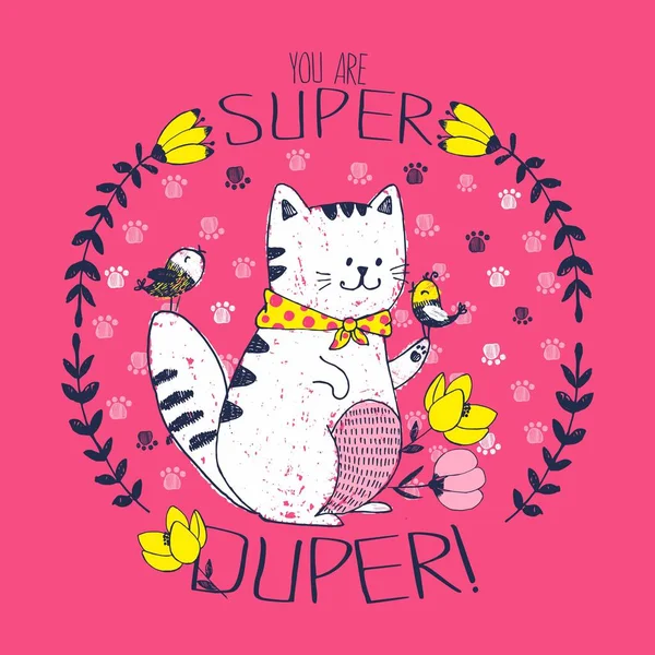 Ilustración vectorial dibujada a mano de gato blanco con pajaritos en un marco floral circular con letras "eres super duper !" — Archivo Imágenes Vectoriales