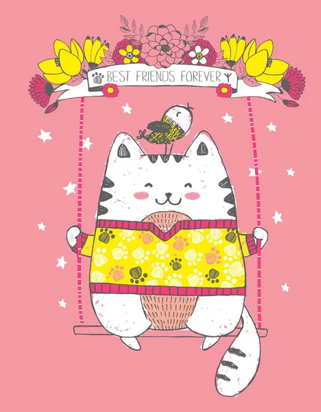 Ilustración romántica de gato blanco lindo y pajarito rodando en los columpios y letras "Mejores amigos para siempre !" — Archivo Imágenes Vectoriales