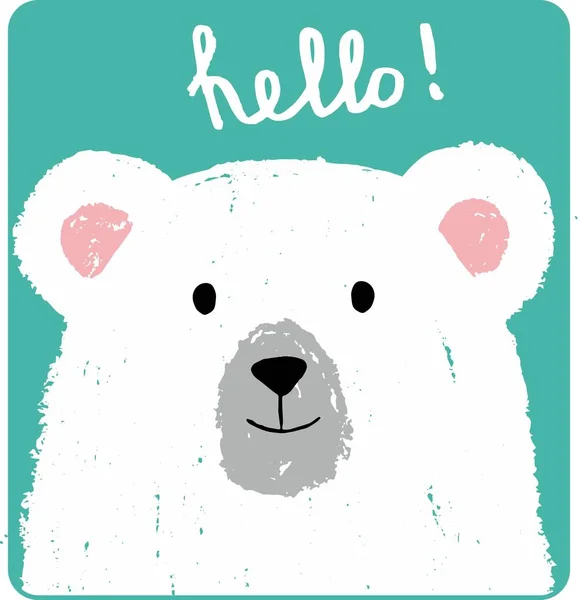Cartão bonito com lindo urso branco desenhado com lápis de cor isolado no fundo liso . — Vetor de Stock