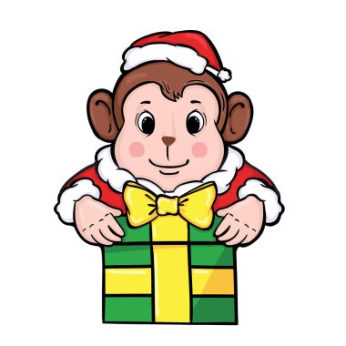 Beyaz bir arka plan üzerinde izole Noel hediye ile Noel Baba şapkalı koca kulaklı maymun vektör çizim. 