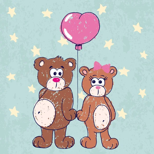 Ilustração desenhada à mão de ursos de brinquedo de amor desenhados com lápis de cor e caneta no fundo grunge — Vetor de Stock