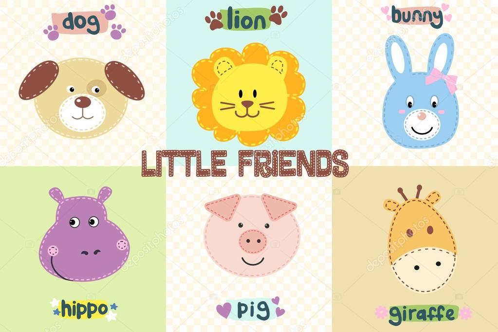 Vector illustration of cute animal faces for baby design.