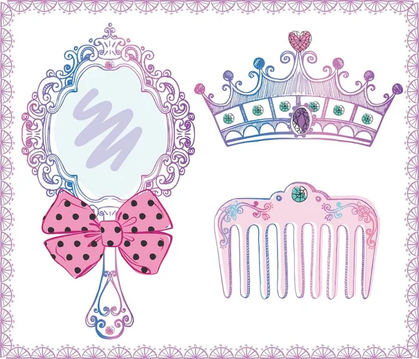 Vector illustration of magic beautiful accessories for little girl, princess or fairy. Useful set of detailed sketch elements in lace frame for your design isolated on white background. — Stock Vector