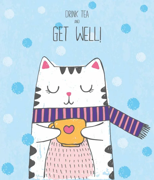 Vektor-Illustration der niedlichen Winterkatze mit heißem Tee, Kaffee oder Schokolade mit Schal und Aufschrift "get well"!" — Stockvektor