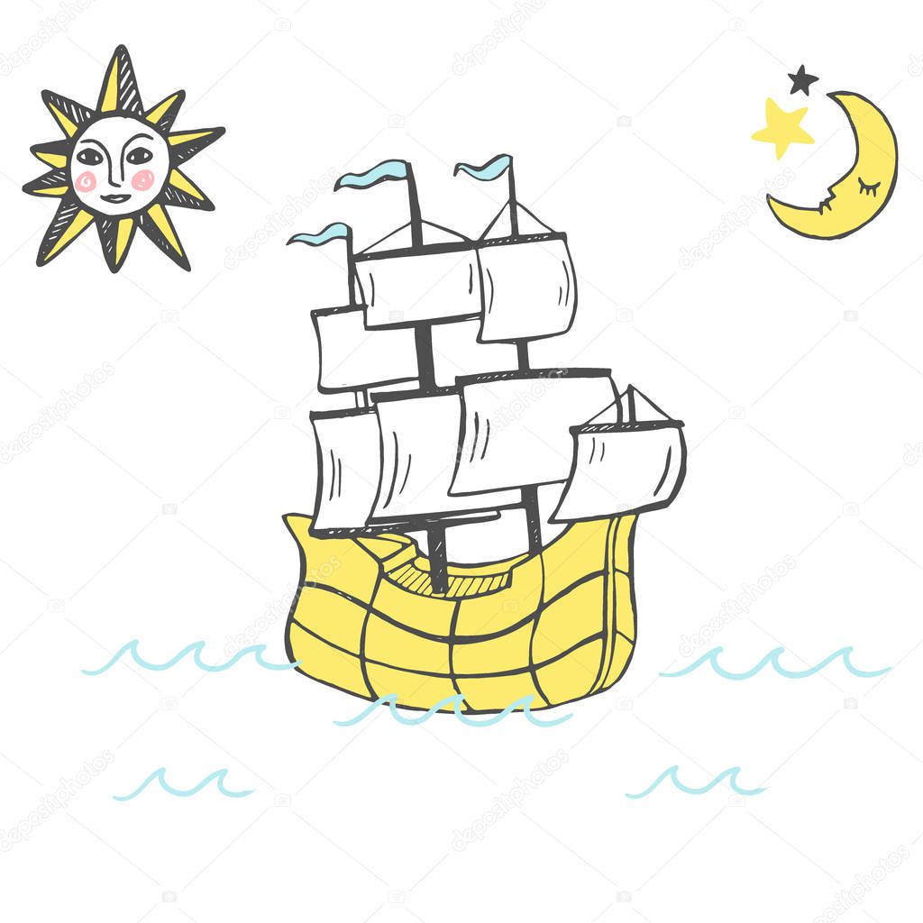 Vector illustration of sketch hand drawn vessel with full sails among blue sea with stormy waves.