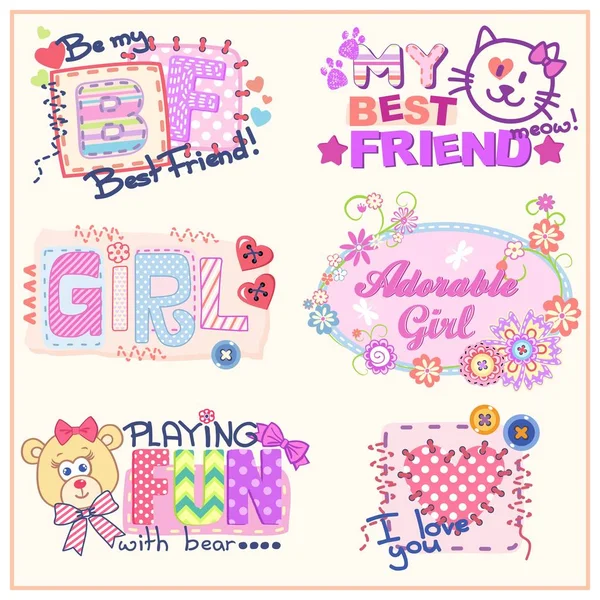 Set of funny vector prints for clothes for girls, woman or babies (can be used as prints, chevron, embroidery or applique for shirts, briefs, pants, pajamas, underwear). — Stock Vector