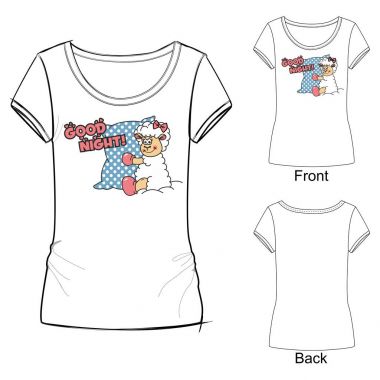 Pijama için yazdırın. Beyaz T-shirt bir yastık tutan bir kuzu ile