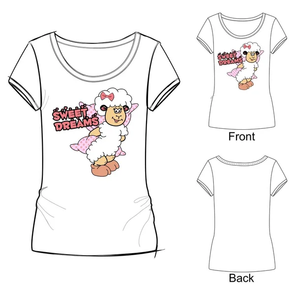 Pijama için yazdırın. Beyaz T-shirt bir yastık tutan bir kuzu ile ander sırtı
