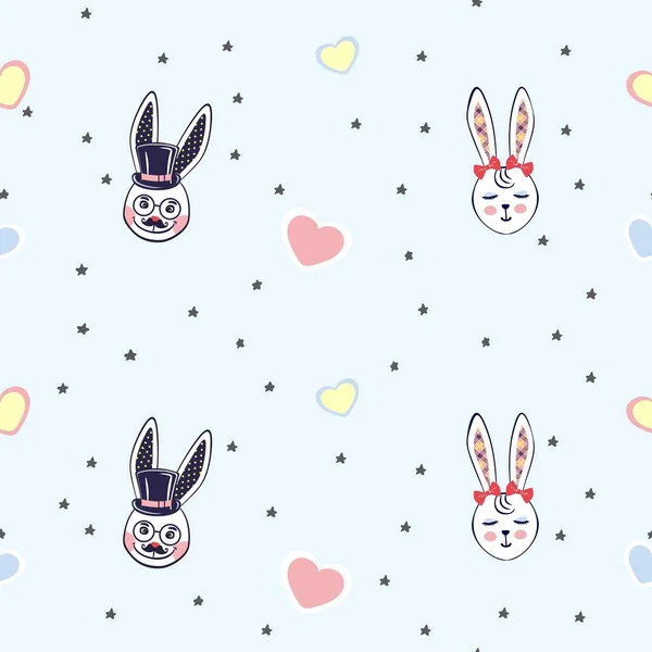 Vektorillustration av bakgrunden med lite kaniner huvuden bland stjärnor långa öron för mode, papper, webb. Skiss bild. Handritad. Söt kanin dras med färgade kritor och penna. Seamless mönster — Stock vektor