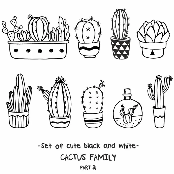 Ensemble vectoriel de mignon noir et blanc. Famille des cactus. Illustration sommaire — Image vectorielle