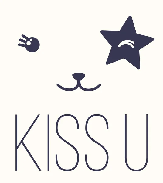 Vector illustration of a kawaii anime face with star on eye and lettering "KISS U" isolated on a background. Can be used as card, poster, print for t-shirt or pajamas — Stock Vector