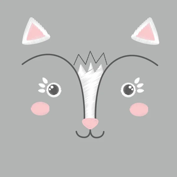 Illustration vectorielle de broderie mignonne de chat jouet blanc et rose. Bébé kawaii anime sourire chaton visage isolé sur un fond gris. Noir et blanc. Peut être utilisé comme carte, affiche, impression pour t-shirt — Image vectorielle