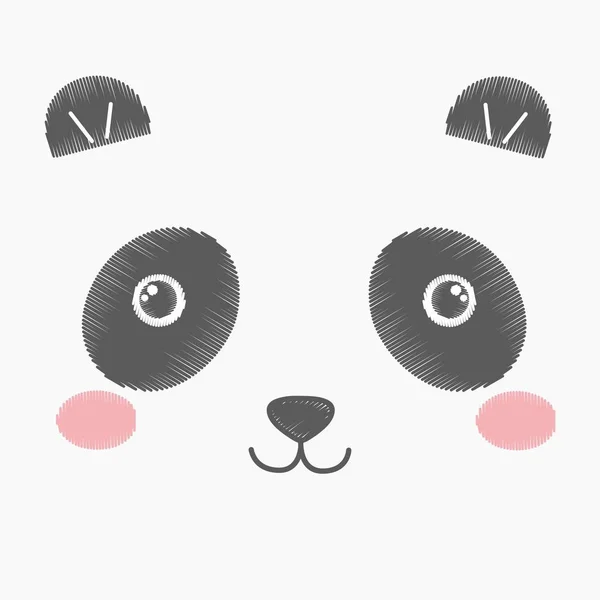 Ilustración vectorial de lindo panda de juguete bordado. Bebé osito de peluche kawaii anime sonriente cara aislada sobre un fondo gris. Blanco y negro. Se puede utilizar como tarjeta, póster, impresión para camiseta — Vector de stock