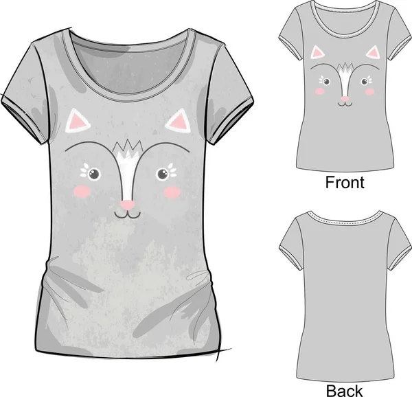 Серые футболки с модной печатью с векторной иллюстрацией симпатичной вышивки белого и розового игрушечного кота — стоковый вектор