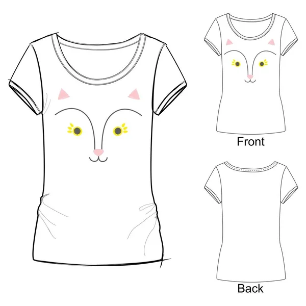 Белая футболка с модной печатью с векторной иллюстрацией милой вышивки черно-розовой игрушки кошки (лиса) ) — стоковый вектор
