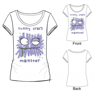 Beyaz t gömlek moda vektör çizim komik deli canavar ile yazdırma ile. Renkli boya kalemi ile çizilmiş kroki çizim