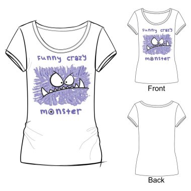 Beyaz t gömlek moda vektör çizim komik deli canavar ile yazdırma ile. Renkli boya kalemi ile çizilmiş kroki çizim