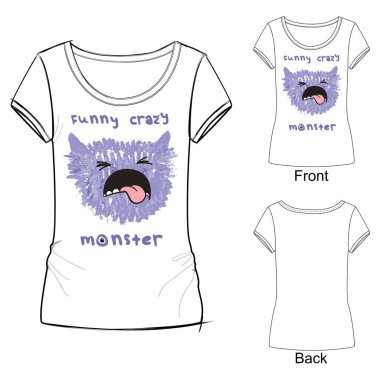 Beyaz t gömlek moda vektör çizim komik deli canavar ile yazdırma ile. Renkli boya kalemi ile çizilmiş kroki çizim