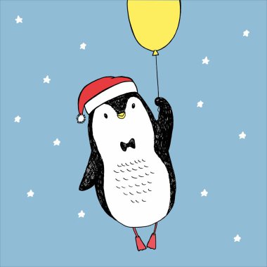 Sevimli uçan siyah beyaz oyuncak penguen balon, Noel kap, yıldızlarla gökyüzünde yay ile vektör Illustration. İyi geceler. Kalemle çizilmiş serbest resim. Kartı, poster, afiş kullanılabilir