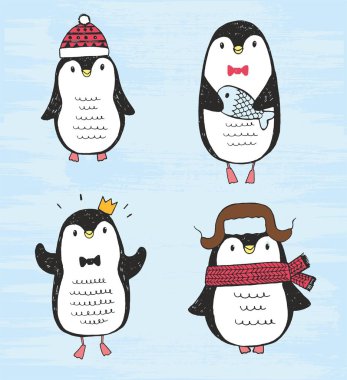 Vektör çizim. Dört şirin farklı kroki elle çizilmiş penguenler sıcak yün örme giysiler, mavi grunge arka plan üzerinde izole moda aksesuarları ile kümesi. Kuzey Kutbu. Komik charactrers
