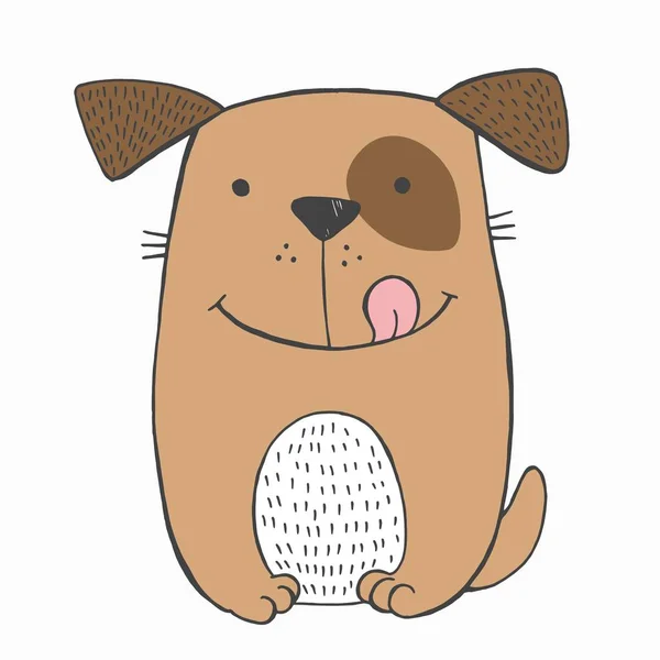 Векторна ілюстрація божевільного усміхненого собаки з коричневою плямою на лівому оці та язиці. Ескіз намальованого малюнка рукою. Забавні іграшкові цуценята. Може використовуватися як картка, плакат, друк для модної футболки — стоковий вектор