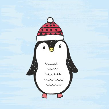 Şirin el vektör çizim bir kap ile siyah beyaz penguen çizilmiş. Bir grunge mavi arka plan üzerinde izole çizim.