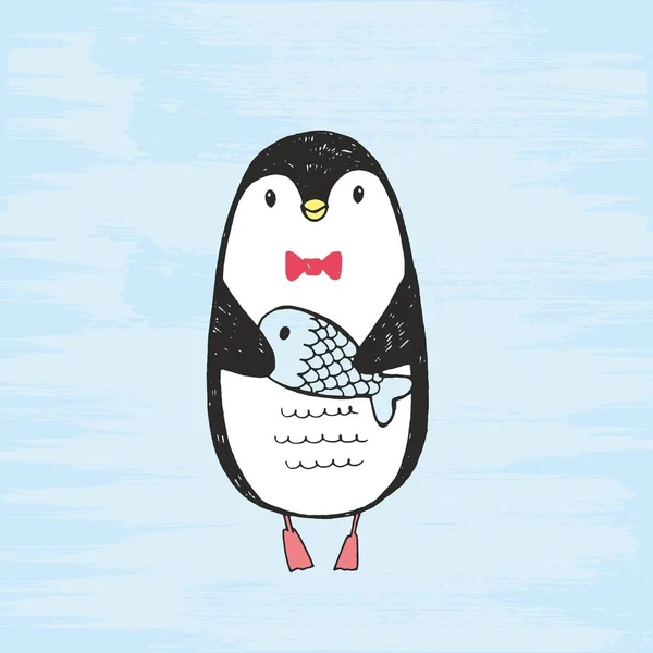 Vektor-Illustration von niedlichen handgezeichneten schwarz-weißen Pinguin mit Fisch in den Pfoten. Zeichnung isoliert auf einem grunge-blauen Hintergrund. — Stockvektor