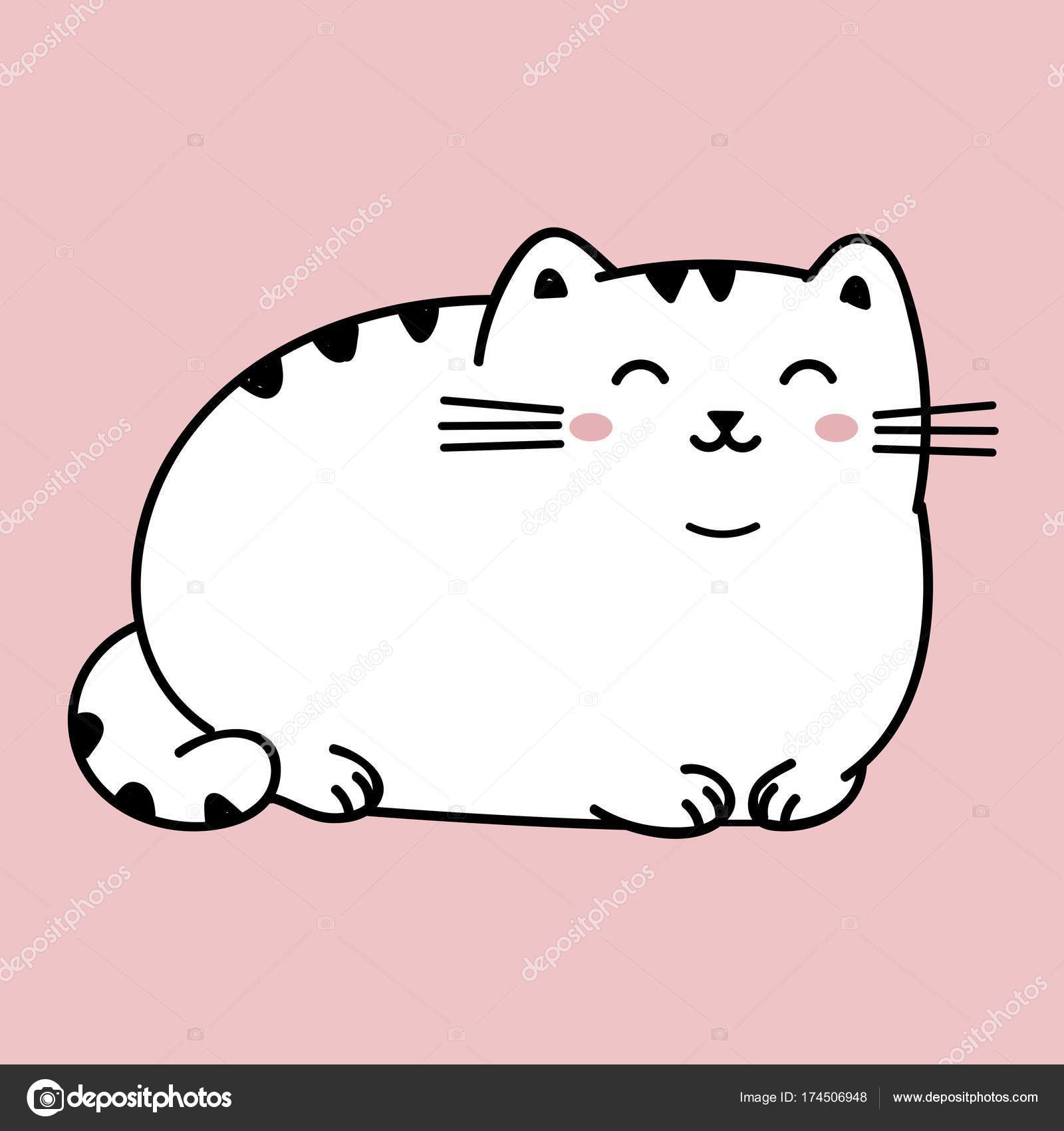 Kawaii ładny Gruby Biały Kot Na Białym Tle Na Różowym Tle