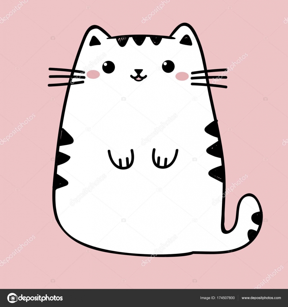 Izole bir pembe kawaii sevimli şişman beyaz kedi. Vektör anime tarzı