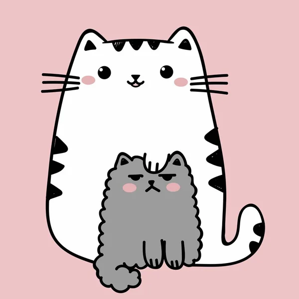 Kawaii lindos gatos blancos y grises gordos aislados sobre un fondo rosa. Ilustración de estilo anime vectorial — Vector de stock