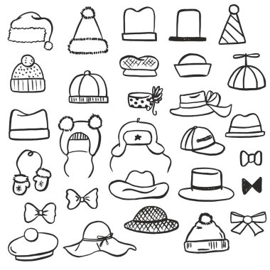 Vektör çizimler farklı siyah beyaz şapkalar (çocuk, kış, yaz, Noel, Festival) kümesi, yay, mittens ve başka bir kroki kalem ve fırça ile çizilmiş elle çizilmiş aksesuarları