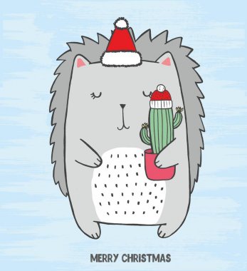 Noel şapka ile şirin mürettebat vektör çizim onun elinde kaktüs ile kesmek. Elle çizilmiş kroki kartı ile kapalı gözler mavi soğuk çizilmiş grunge arka plan gri kirpi ile. 