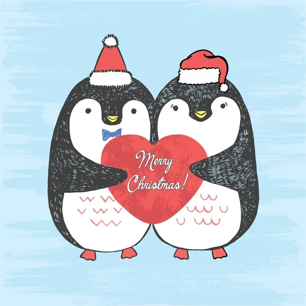 手绘素描的矢量插画爱的企鹅与刻字的心 在一个垃圾背景孤立的圣诞快乐 男孩和女孩北极鸟 2018新年 — 图库矢量图片
