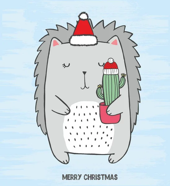 Vectorillustratie Van Schattige Bemanning Met Kerstmuts Gesneden Met Cactus Zijn — Stockvector