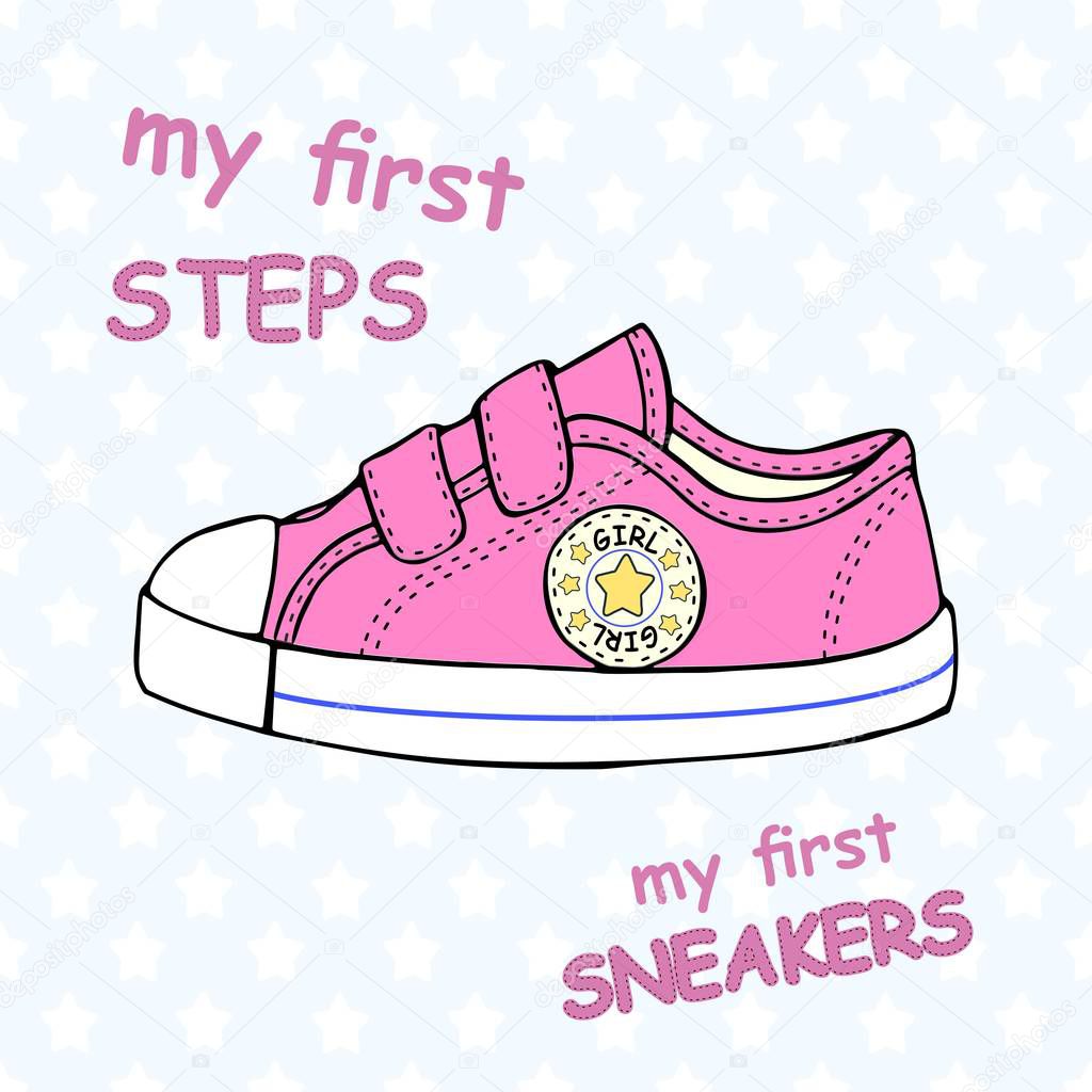 illustration of children's cute sneakers without shoelace (classic design) with embroidery and inscription.