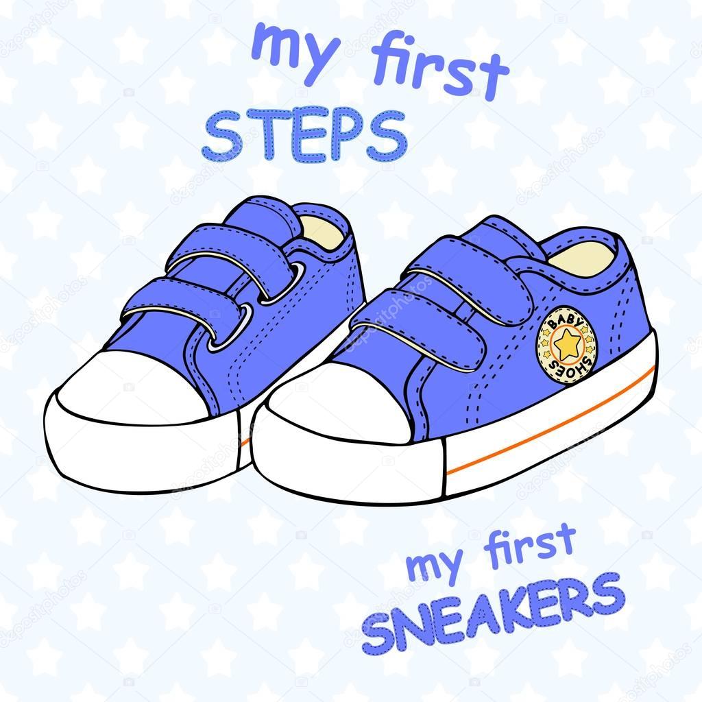 illustration of children's cute sneakers without shoelace (classic design) with embroidery and inscription.
