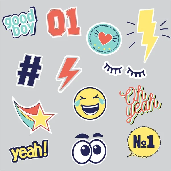 Vector set van patches van de mode voor t shirt print geïsoleerd op grijze lege achtergrond. Smiley, goede jongen, oh ja nummer een, gesloten ogen, komische wolk, tekstballonnen, emoties, komische stijl van de jaren 80-90s — Stockvector