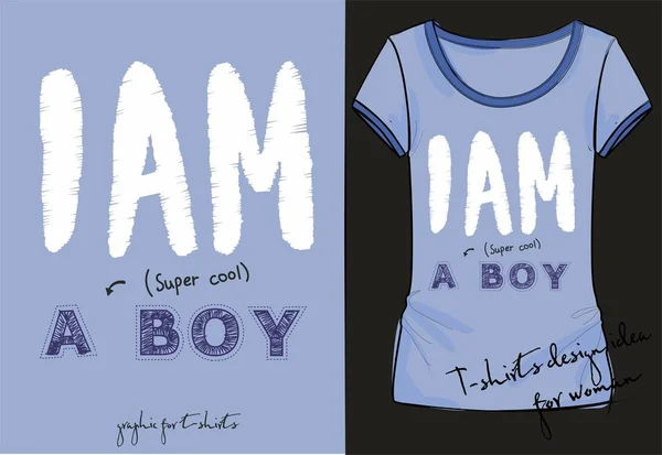 Векторная иллюстрация спортивная модная голубая футболка, надпись "Я мальчик " — стоковый вектор
