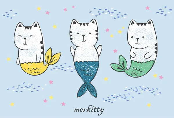 Vektor handgezeichnete Illustration von drei Kawaii-Anime-Katzennixen mit Fischschwänzen, Sternen, Fischschwärmen mit Stift und Buntstiften isoliert auf blauem Grund. Märchenhafte Kritzelfiguren — Stockvektor