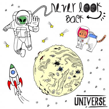 Vektör kroki elle çizilmiş renkli resimde cosmos kedi, kozmonot, planet, ufo, roket, uzay yamalar, asla geri bak, evren, etiket paketi, notlar, pins yazı ile