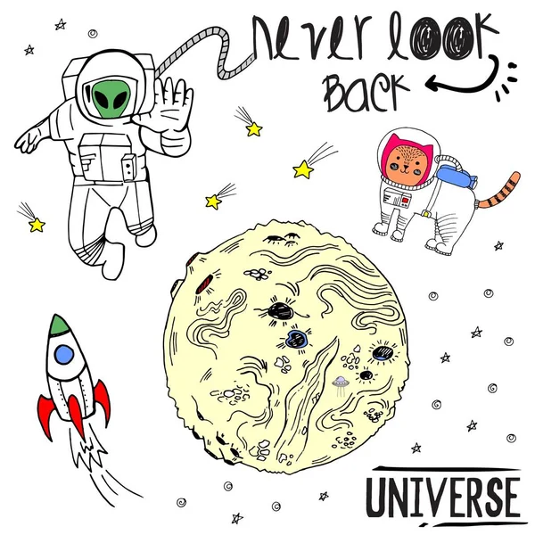 Vektorové skici ručně kreslenou barevné ilustrace cosmos s cat, kosmonaut, planet, ufo, raketa, opravy prostor, nápis nikdy ohlédnout, vesmír, samolepek, poznámky, kolíky — Stockový vektor